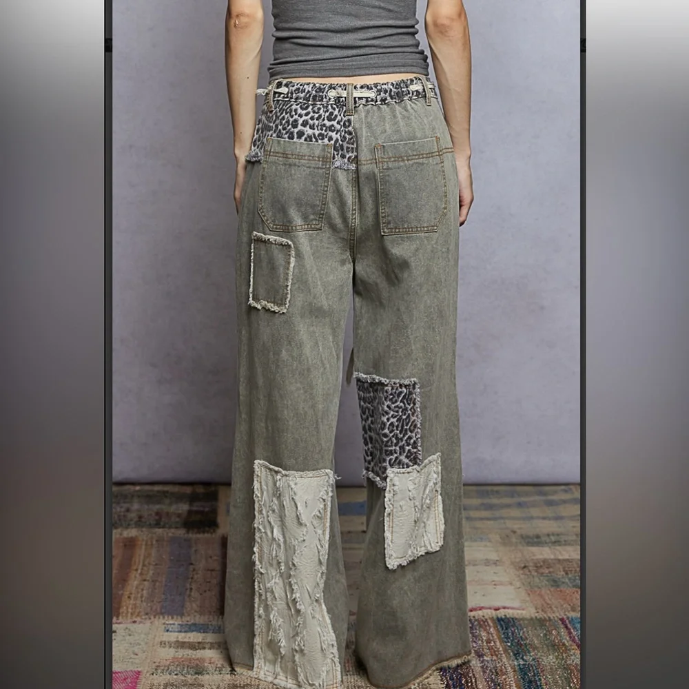POL Olive Green Patchwork Wide-Leg Pants with Leopard Panels - Picture 3 of 5
